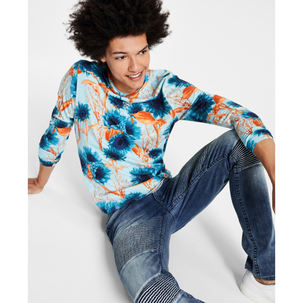 INC Men Sami Long Sleeve Sunflower T-Shirt Blue Coast Size XL
